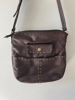 Brown Pebbled Leather Studded Shoulder Bag Western Stone Mountain Purse
